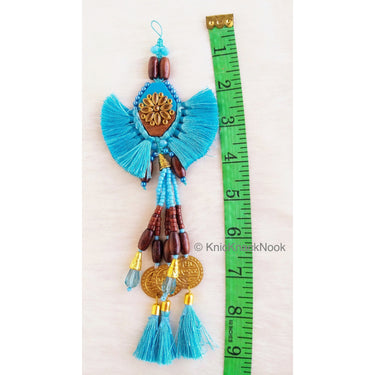 Cyan Blue Tassels With Blue Acrylic And Brown Wood Button In Kundan Stones, Wood Beads, Pearls